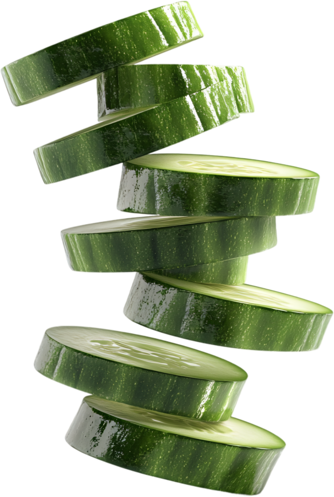 A stack of cucumber slices, cut into rounds with light green flesh, stand out against a solid black background in a studio shot. png