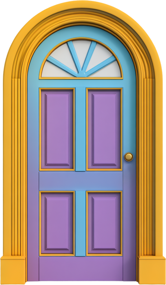 Whimsical pastel door with arched frame, gold accents, and a geometric window design, perfect for a fantasy or storybook setting. png