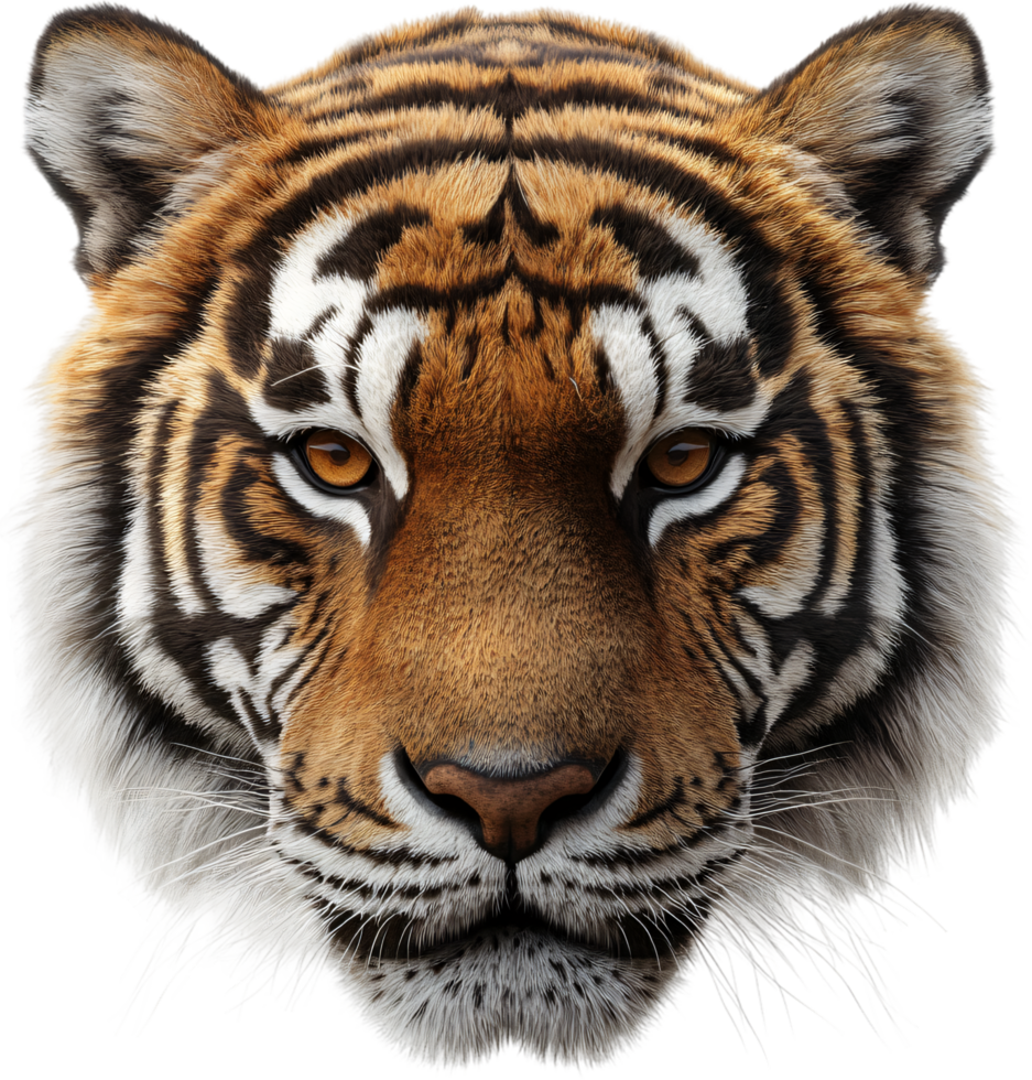 Close-up portrait of a majestic tiger, showcasing its vibrant orange and black stripes and piercing golden eyes. Striking feline beauty. png