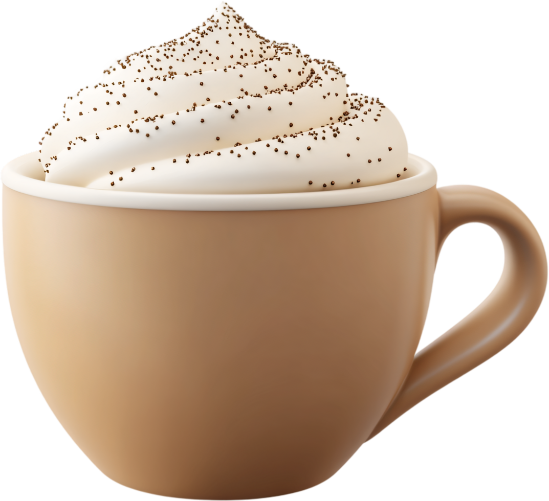 A beige mug overflowing with creamy white whipped topping, sprinkled with small dark spots, creating a visually appealing sweet drink. png