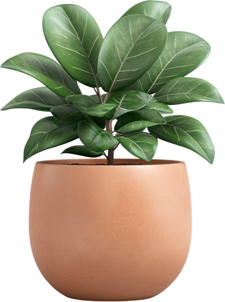 A vibrant fiddle-leaf fig tree flourishes in a rounded terracotta pot, adding a touch of nature and tranquility to any indoor space. png