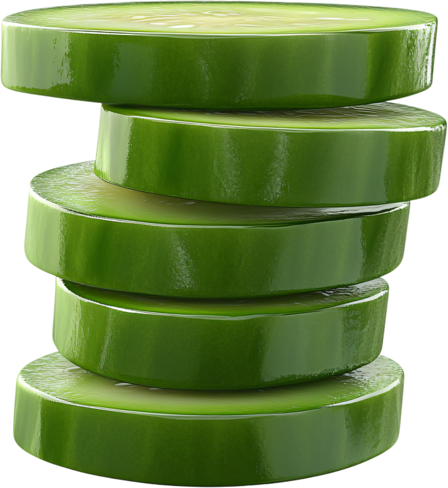 A stack of fresh cucumber slices, vibrant green and glossy, showcasing the crisp texture and refreshing nature of the vegetable. png