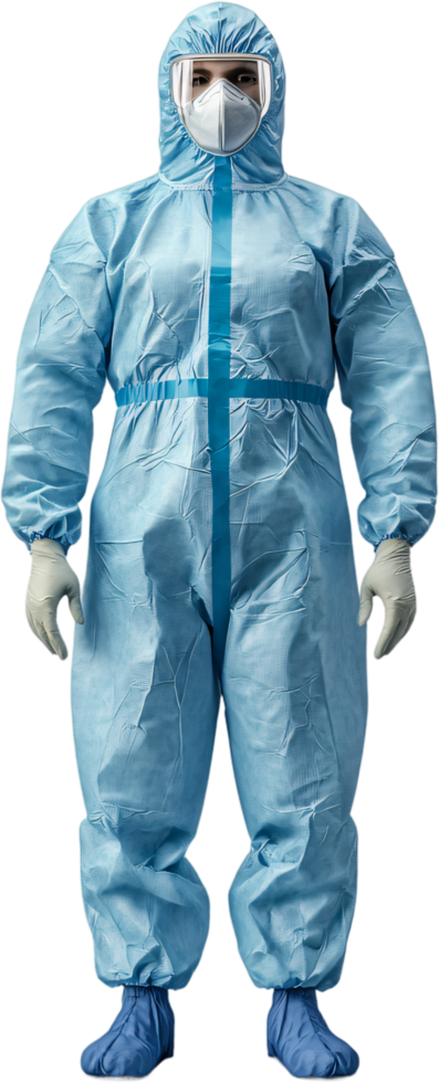 Person wearing a blue protective suit, face mask, and goggles for safety. The suit appears crinkled and has a blue stripe down the front. png
