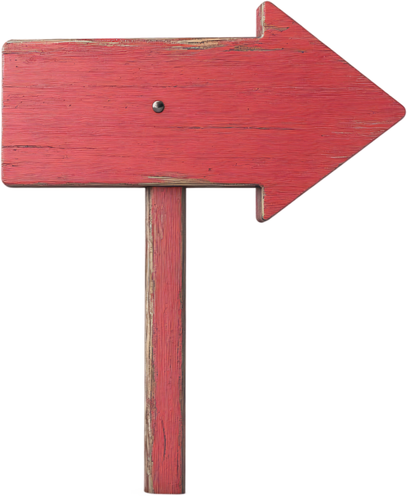Weathered Red Wooden Arrow Sign, rustic charm. A weathered wooden arrow points right, with wood grain detail and a single nail visible. png