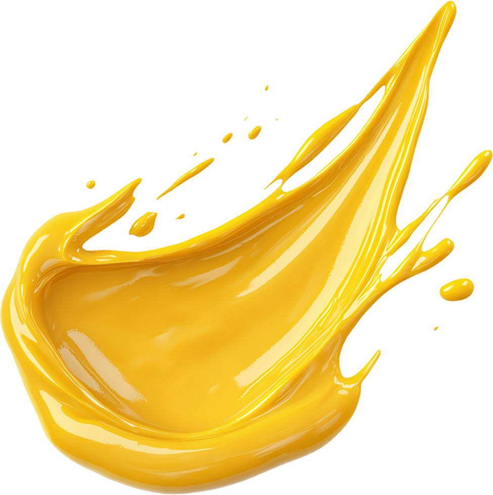 Abstract splash of vibrant yellow paint. Swirling liquid texture with dynamic streaks against a solid black background, artistic effect. png