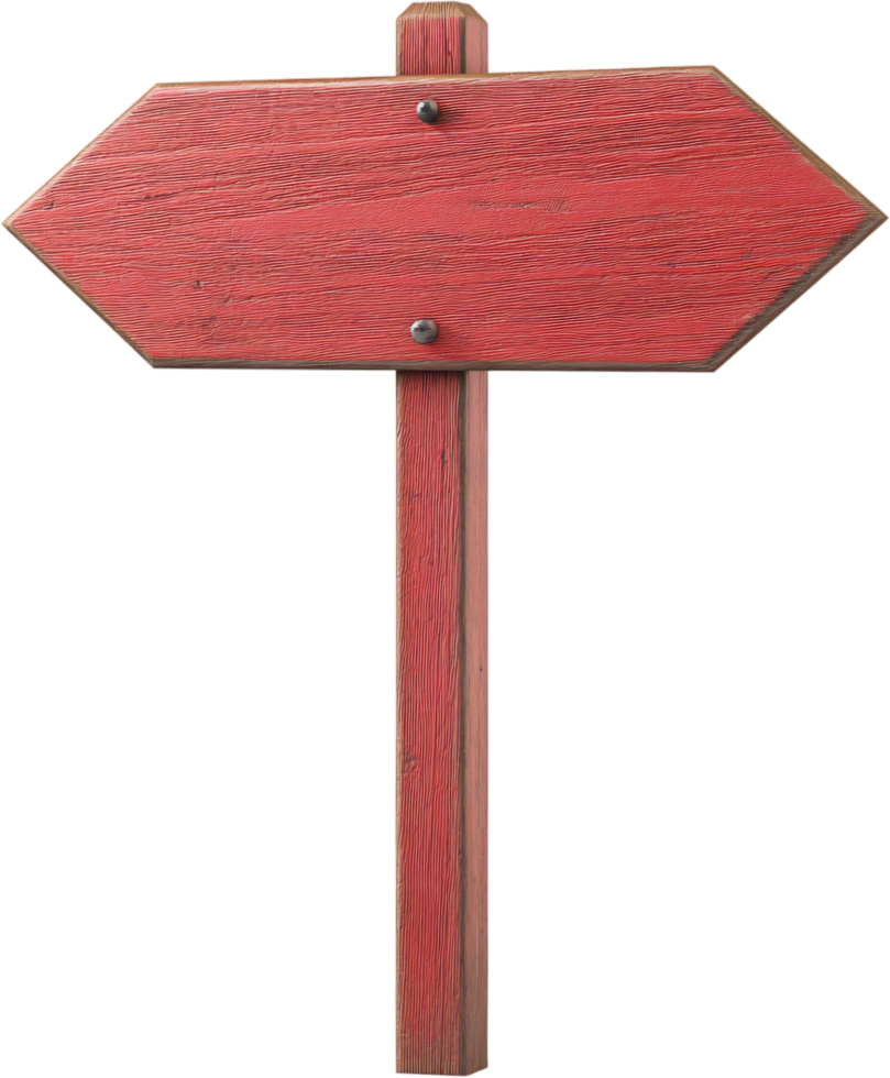 Vintage red wooden sign pointing direction, isolated on black background. Rustic textured blank arrow for information or advertising. png
