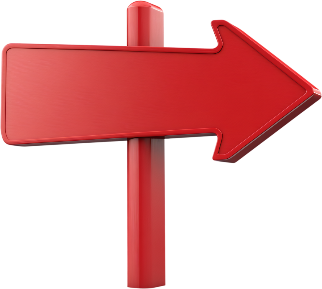 A bright red, three-dimensional sign featuring an arrow pointing to the right, indicating direction. The background is black in color. png