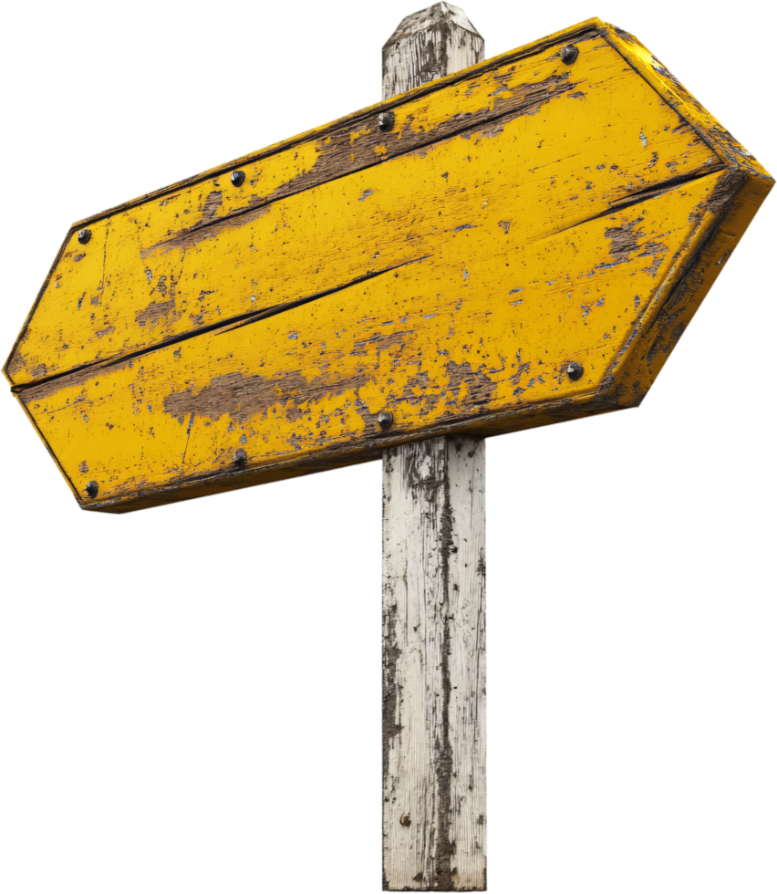 Weathered yellow directional sign on a white wooden post, pointing to the right, showing signs of age and wear, isolated on black background. png