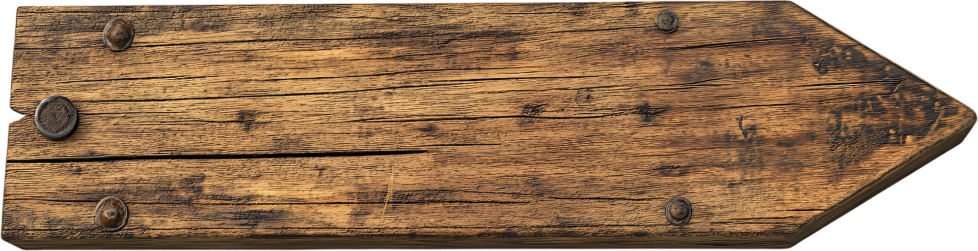 Rustic wooden arrow sign with weathered texture and metal fasteners. Directional marker for outdoor themes and vintage designs. png