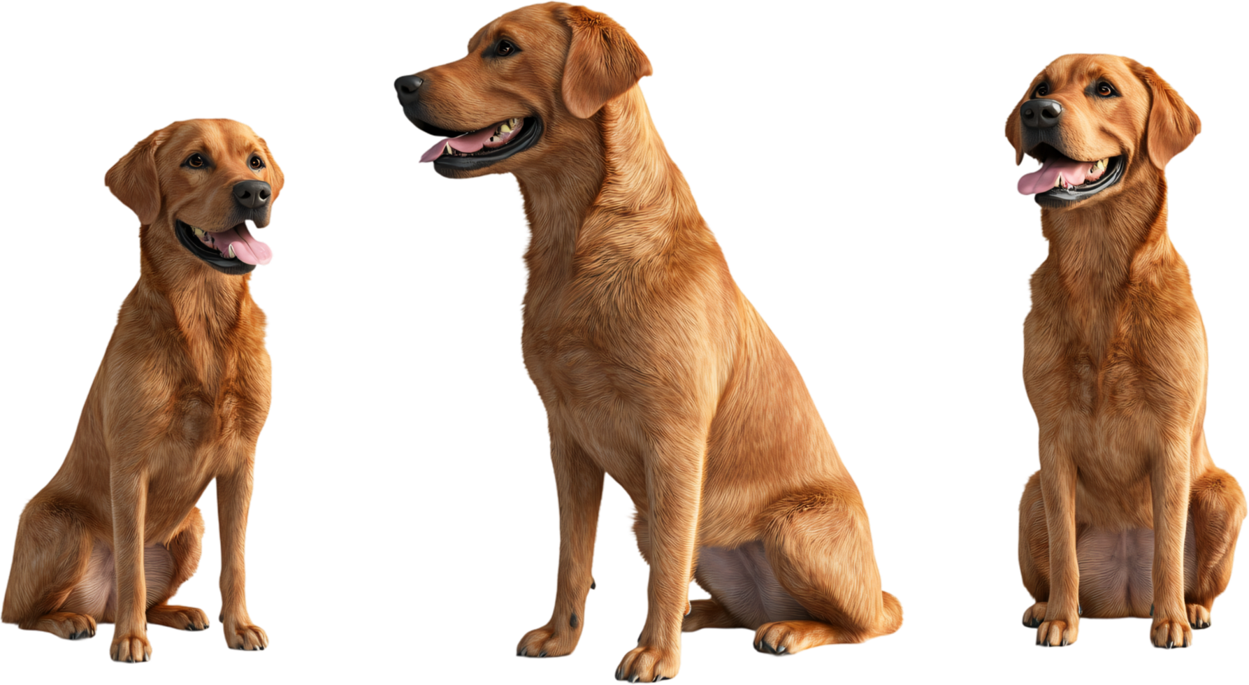 Three golden-red dogs are captured in a well-lit studio shot, showcasing their happy expressions and glossy coats. The dogs are sitting down. png