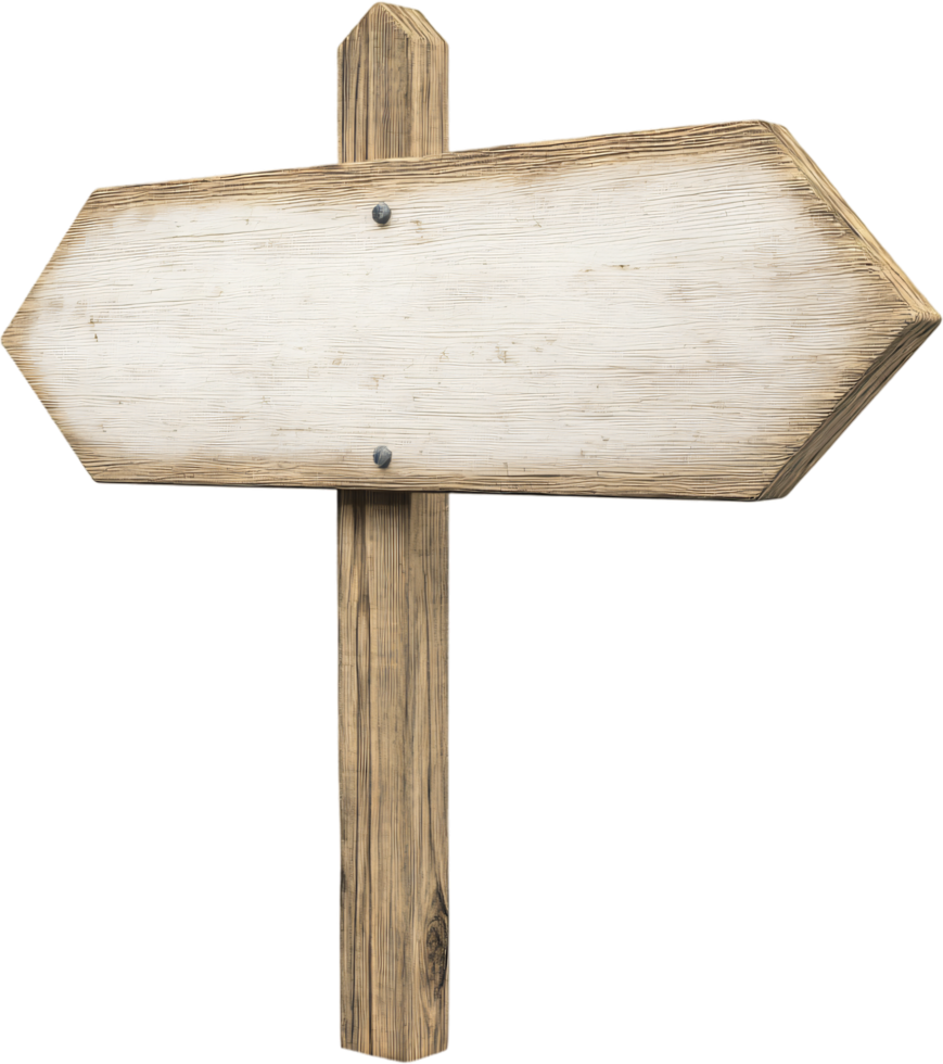 Weathered wooden arrow sign pointing right, mounted on a rustic post, isolated on a black background. Indicating direction. png