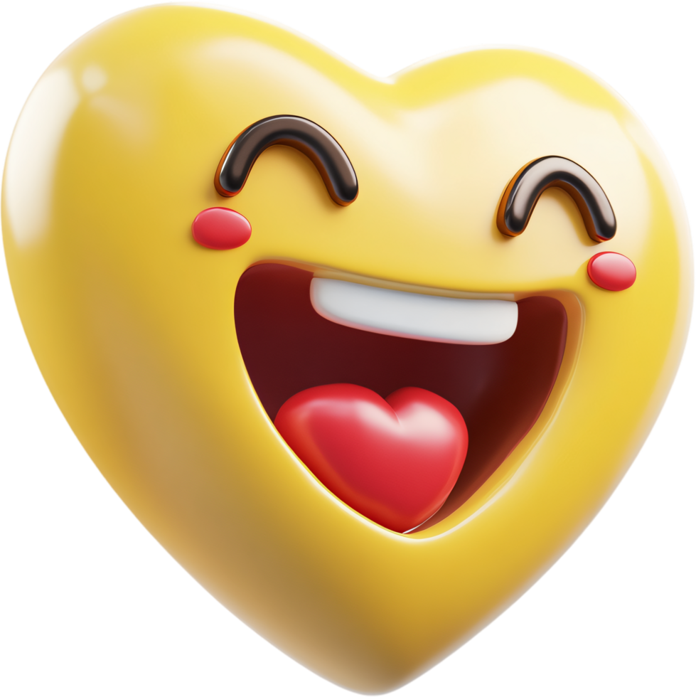 Heartfelt Laughter, A cheerful, yellow heart-shaped emoji face with a smaller red heart inside its mouth, conveying joy and affection. png