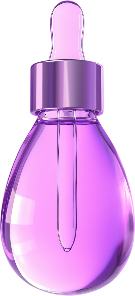 Aesthetic serum bottle filled with a shimmering light purple liquid, capturing modern minimalist design and the essence of beauty and skincare. png