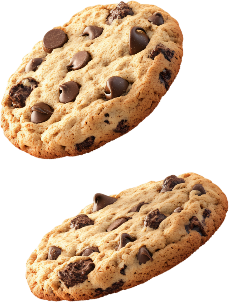 Two delicious homemade chocolate chip cookies are shown in this macro shot on a dark background. Mouthwatering cookie with melted chocolate. png