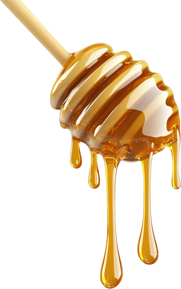 Golden honey drips from a wooden dipper, a sweet and natural treat on a black background. A delectable, viscous texture is emphasized. png