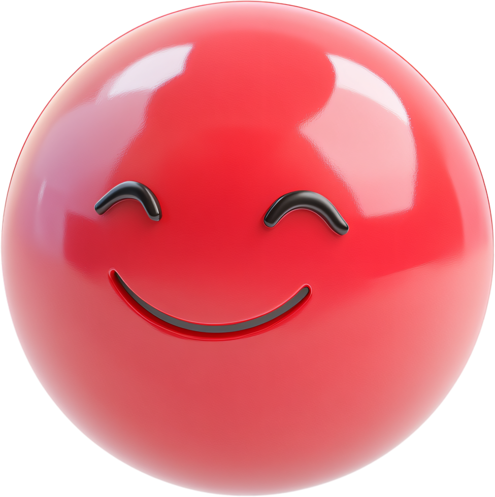 A cheerful red sphere with a charming smile and closed eyes, radiating happiness and positivity through its simple design. png