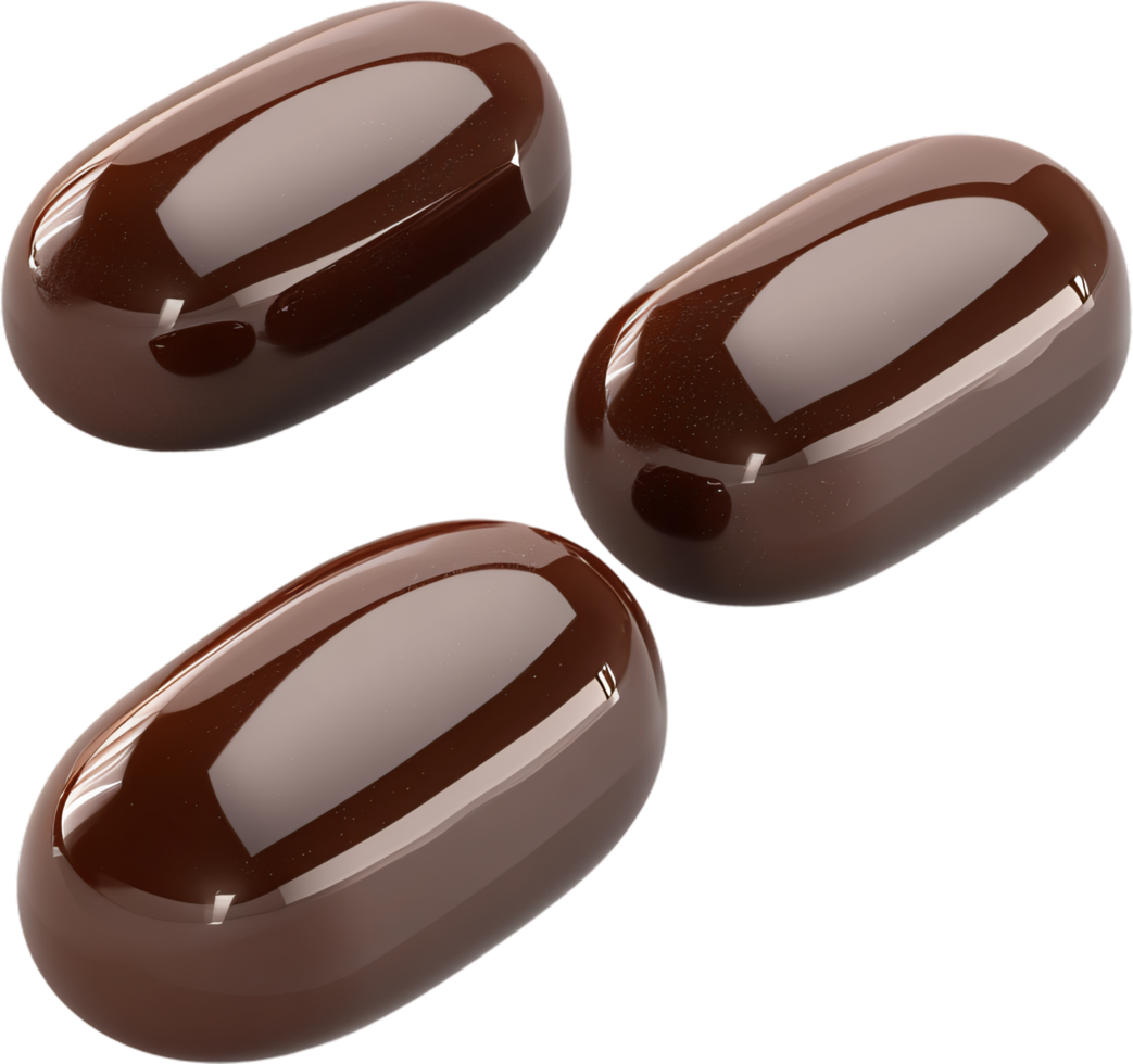 Three shiny, oval capsules against a dark backdrop, suggesting pharmaceutical or nutritional supplements. The capsules display smooth surfaces and brown hue. png