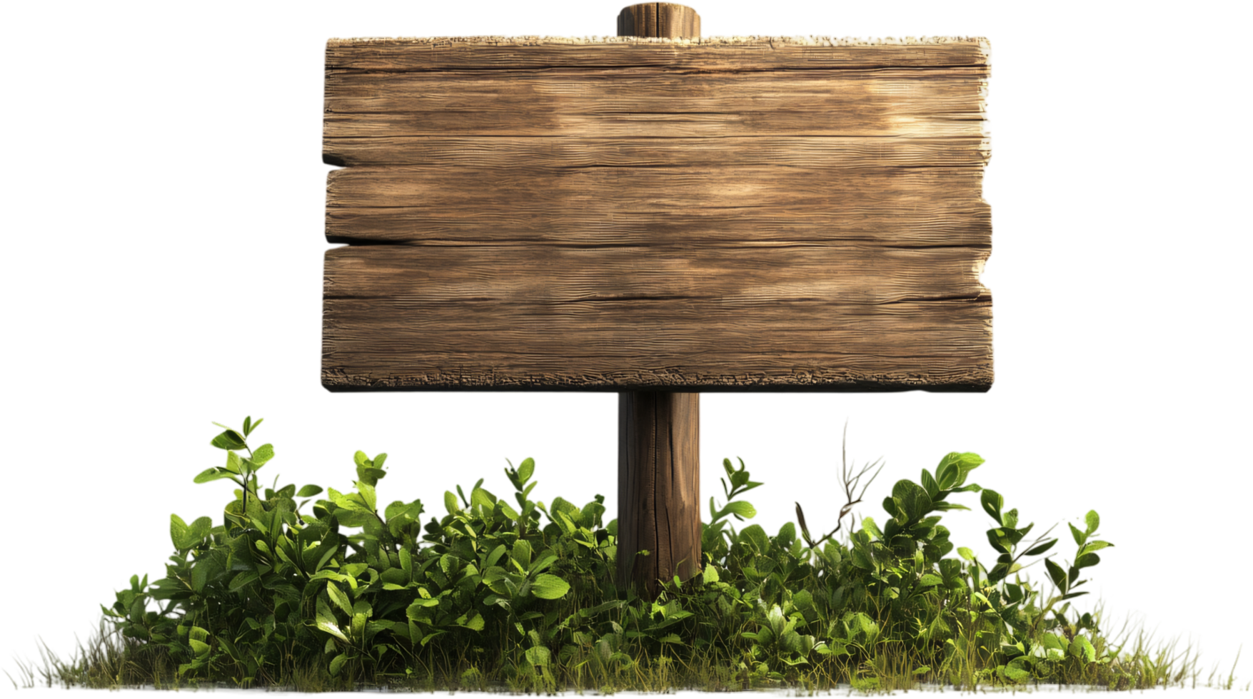 A rustic wooden sign stands amidst lush green foliage, beckoning travelers and adding a touch of natural charm to any outdoor space. png