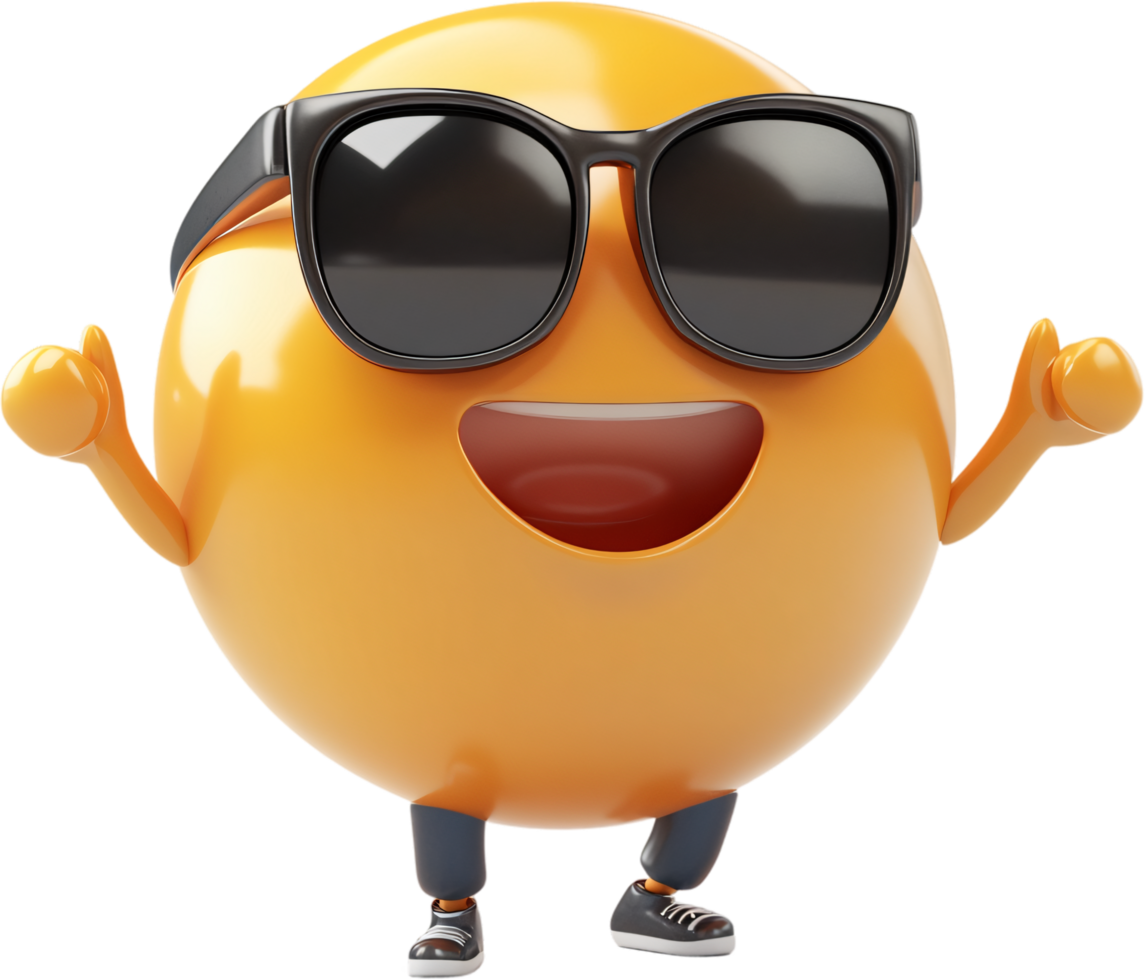 A cheerful, orange emoji-like character with sunglasses, sporting a big smile and waving, exudes a sense of lightheartedness and fun. png