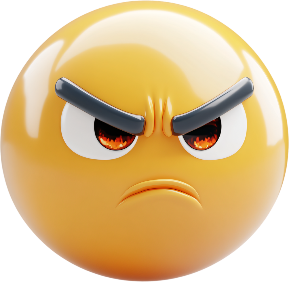 Furious 3D Emoji, Angry expression with furrowed brows and fiery eyes, conveying intense displeasure or rage. Bright yellow color amplifies emotion. png