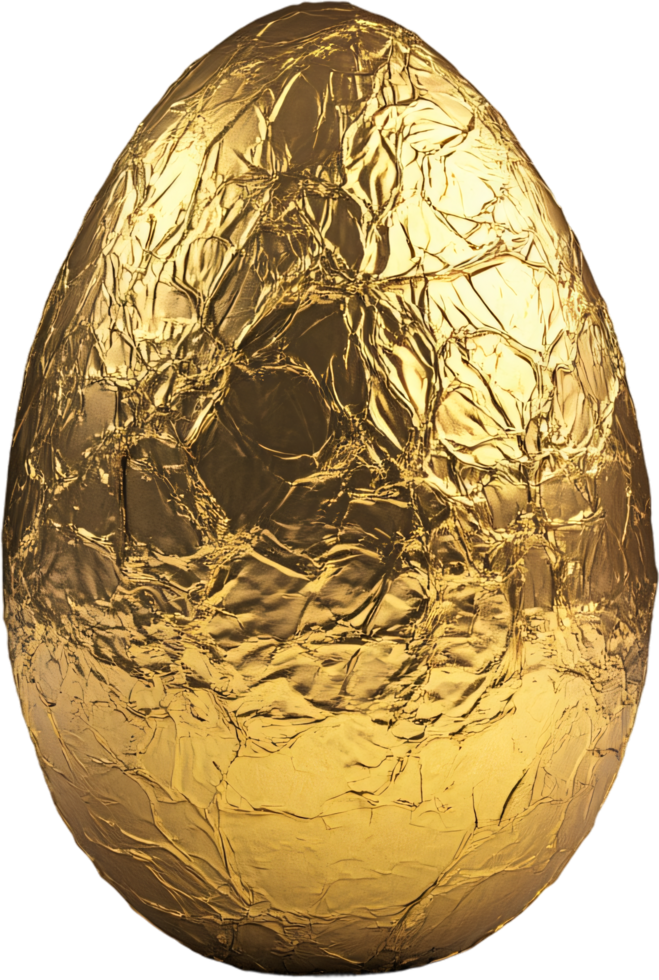 A gleaming golden egg, its surface crinkled with foil, evokes themes of treasure, indulgence, and the anticipation of hidden delights. png