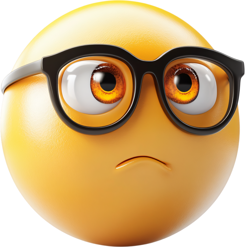 Emoji with glasses. This emoji conveys a feeling of concern, worry, or maybe even a little frustration due to a problem. png