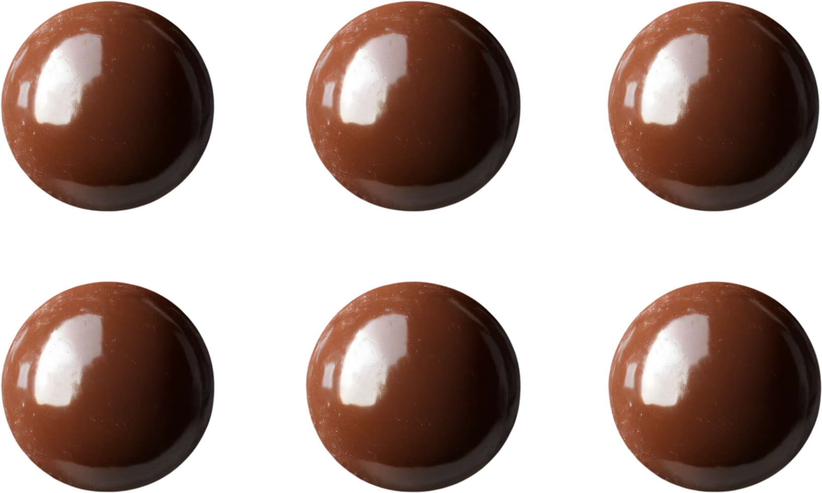 Six glossy brown spheres are arranged in a grid against a stark black background, their surfaces reflecting light with a smooth sheen. png