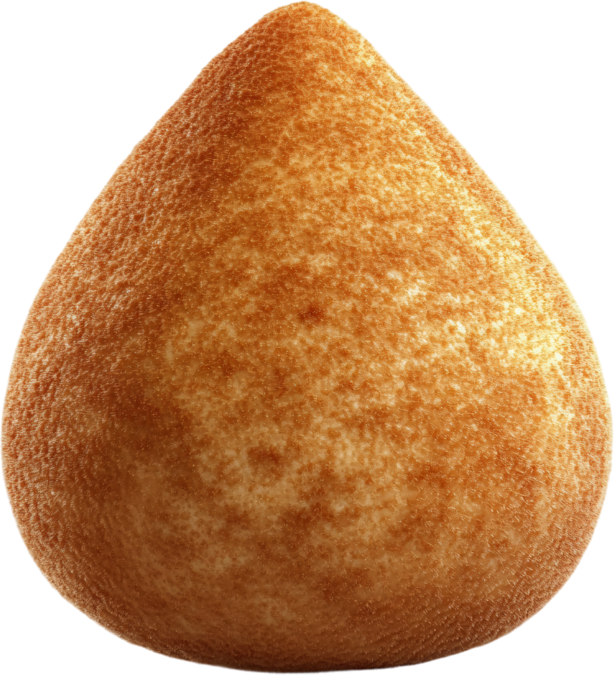 Close-up of a golden-brown, teardrop-shaped food item, featuring a textured surface against a plain black backdrop, simple composition. png