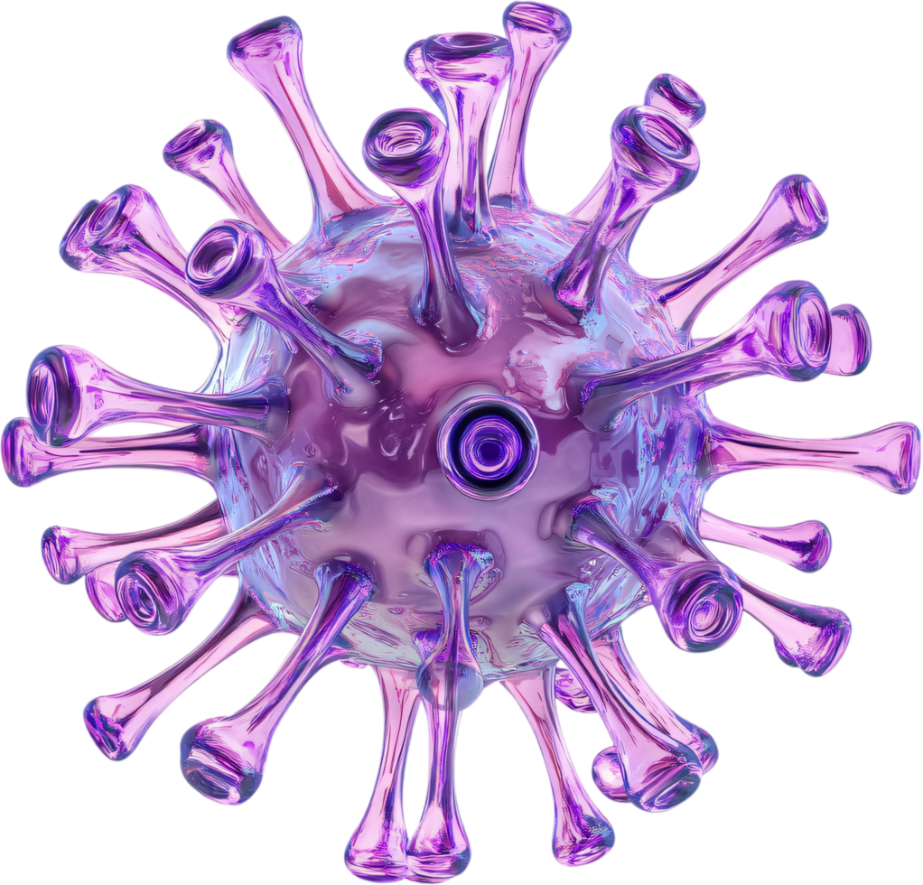 Detailed rendering of a virus particle shows its complex structure and spiky exterior, highlighting infectious diseases and microscopic biology. png