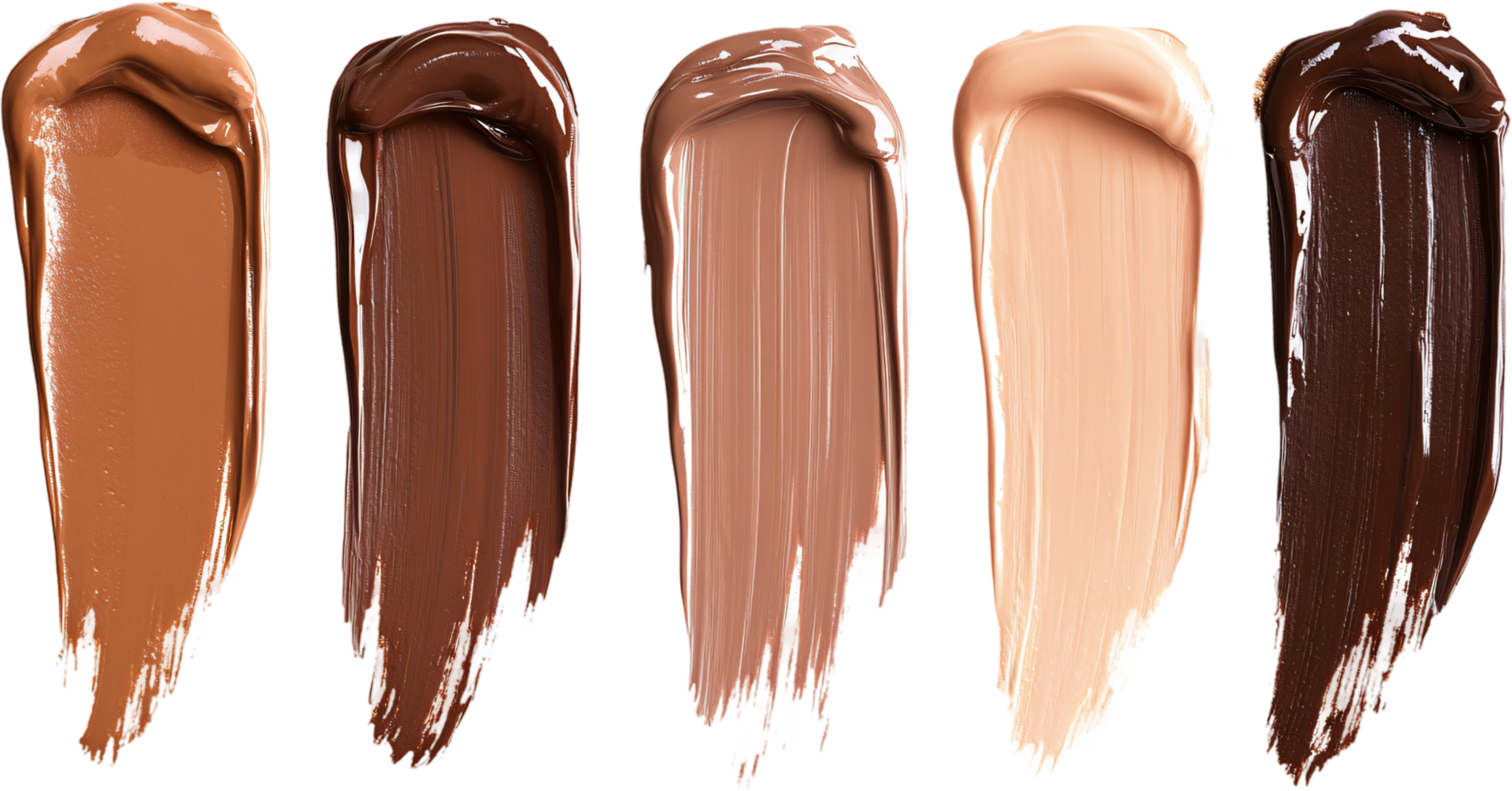 Foundation swatches showcase a range of skin tones. Dark, medium and light shades of foundation create an artistic display of color. png
