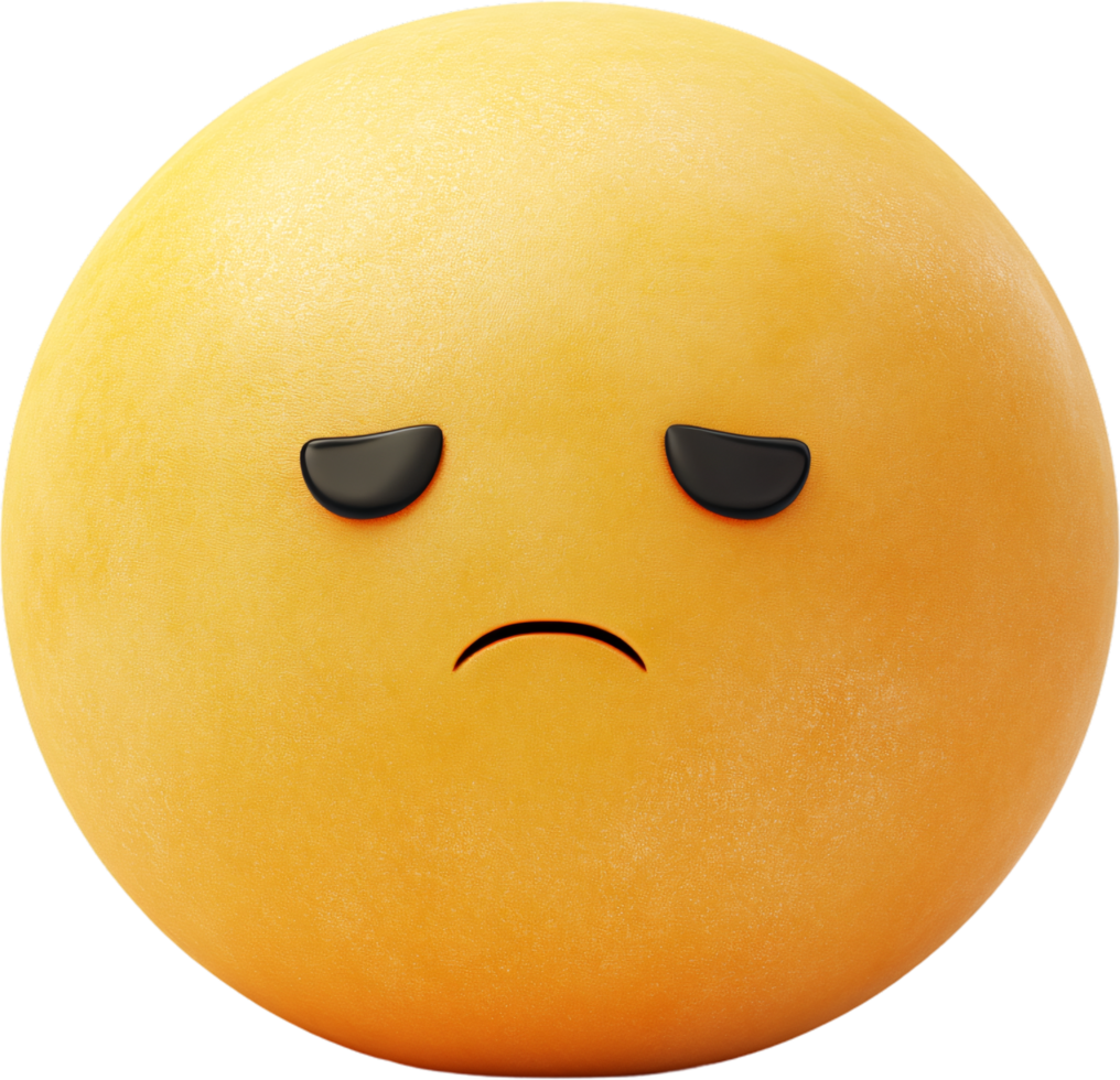 A yellow sphere displays a flat, downturned mouth and heavy-lidded eyes, conveying sadness. The color is sunny, and the overall impression is gloomy. png
