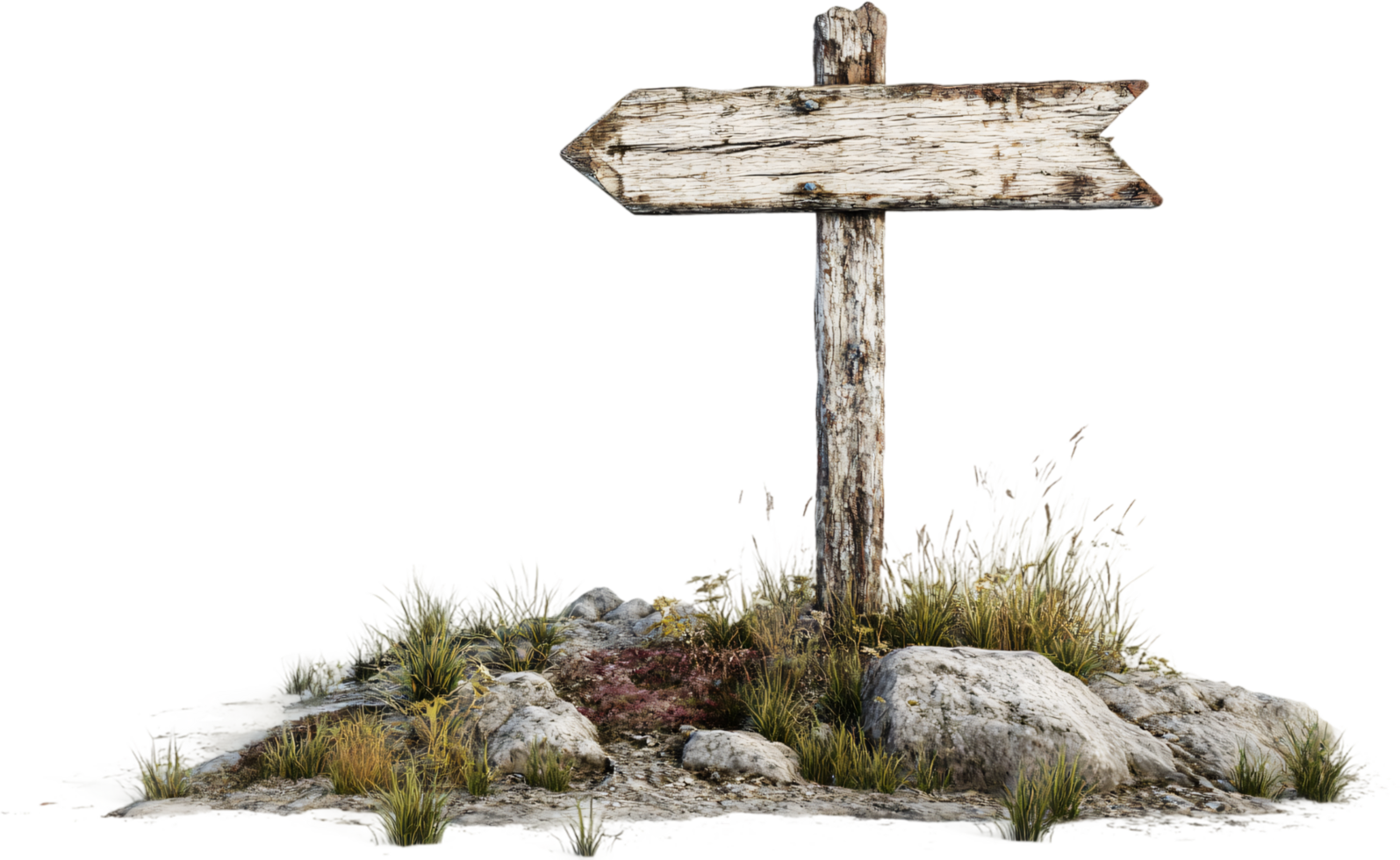 Weathered wooden sign pointing left, rustic charm on a rocky base, nature's guidance. Rustic wooden arrow for wayfinding design element png