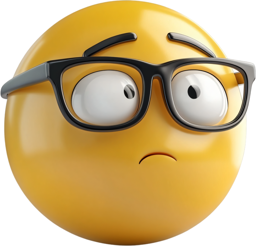 Puzzled Emoji, Yellow spherical character with furrowed brow and questioning eyes. Wearing glasses, displaying a look of confusion. png
