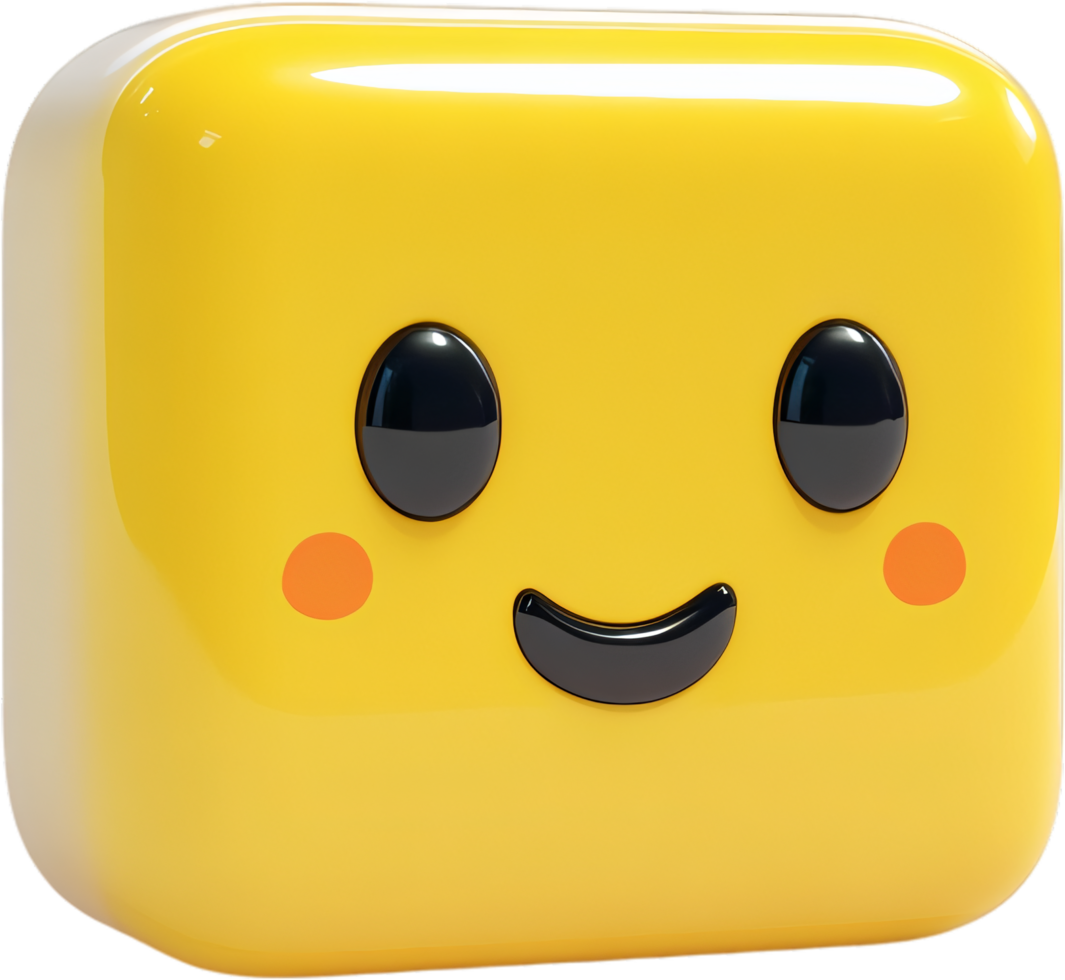 A delightful yellow, rounded cube with a sweet smile and rosy cheeks creates a fun, playful, and joyful visual effect. png