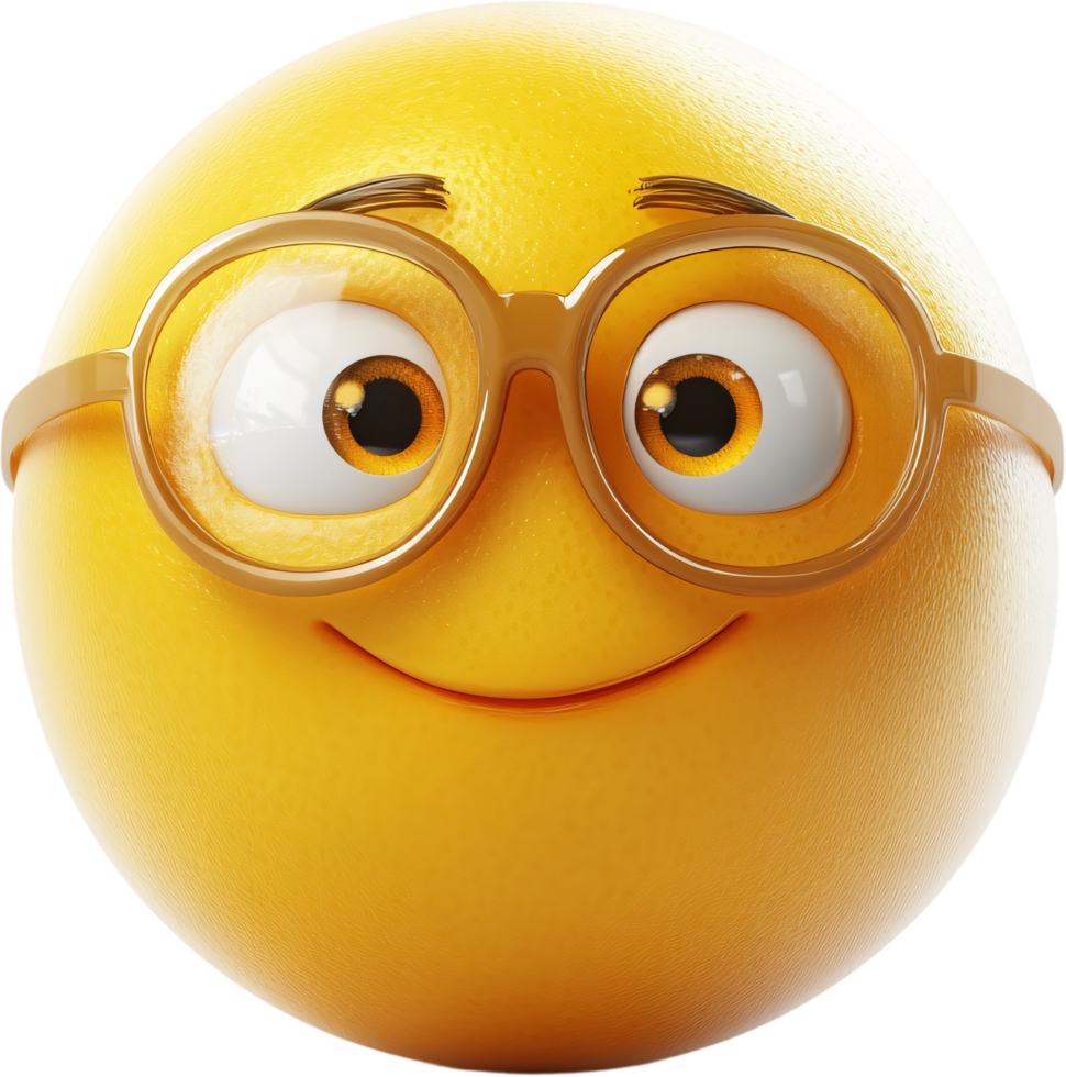 Whimsical yellow emoji character with round glasses and a cheerful smile, creating a fun and lighthearted mood. Digital art. png