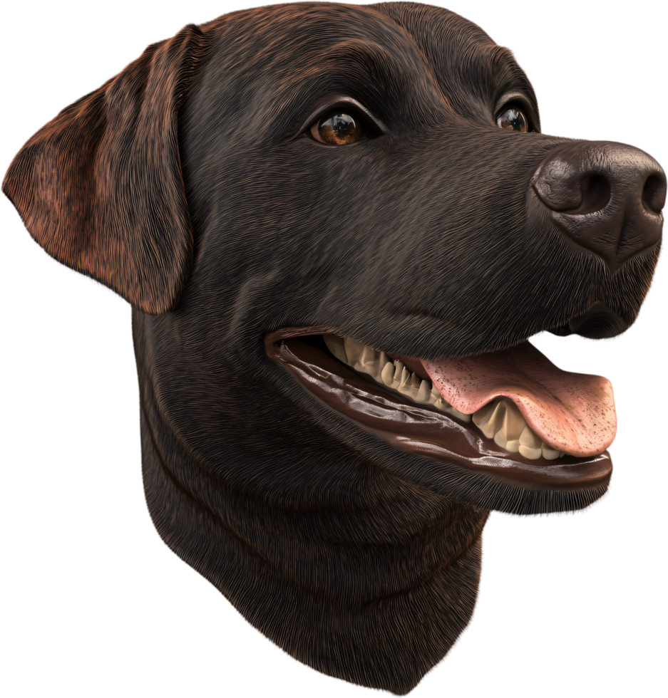 Detailed dog portrait showcasing a sleek, dark-furred animal with expressive brown eyes and a slightly open mouth, radiating canine charm. png