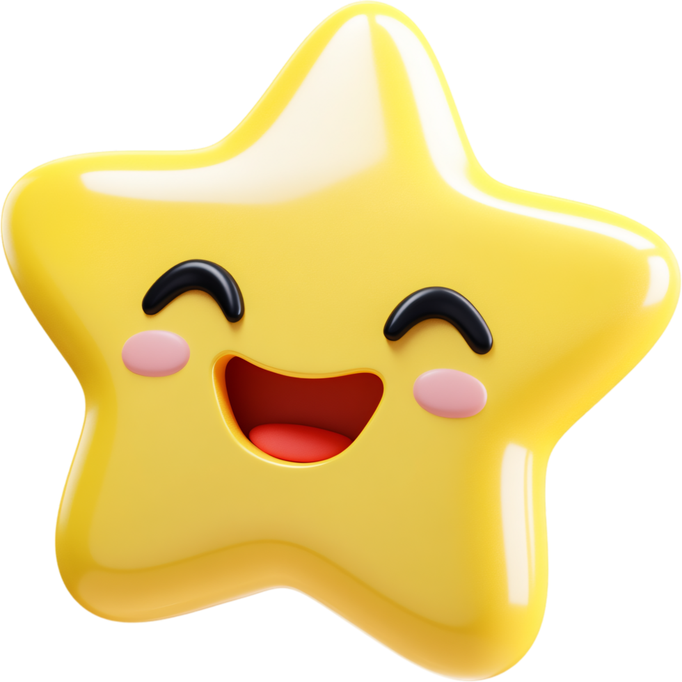 A cheerful 3D rendered star with a bright yellow color, wide smile, rosy cheeks, and happy demeanor radiating positive energy. png