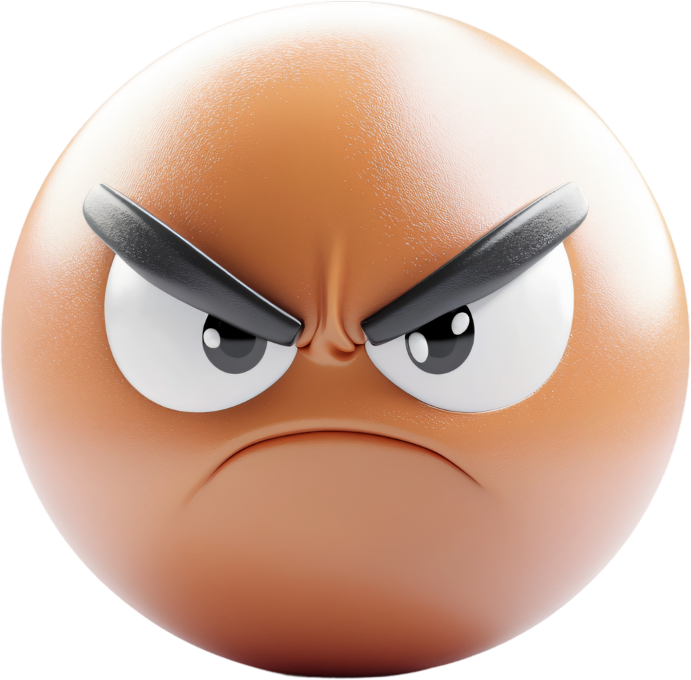 A digitally rendered round emoji face with furrowed brows, glaring eyes, and a downturned mouth, expressing intense anger and frustration. png