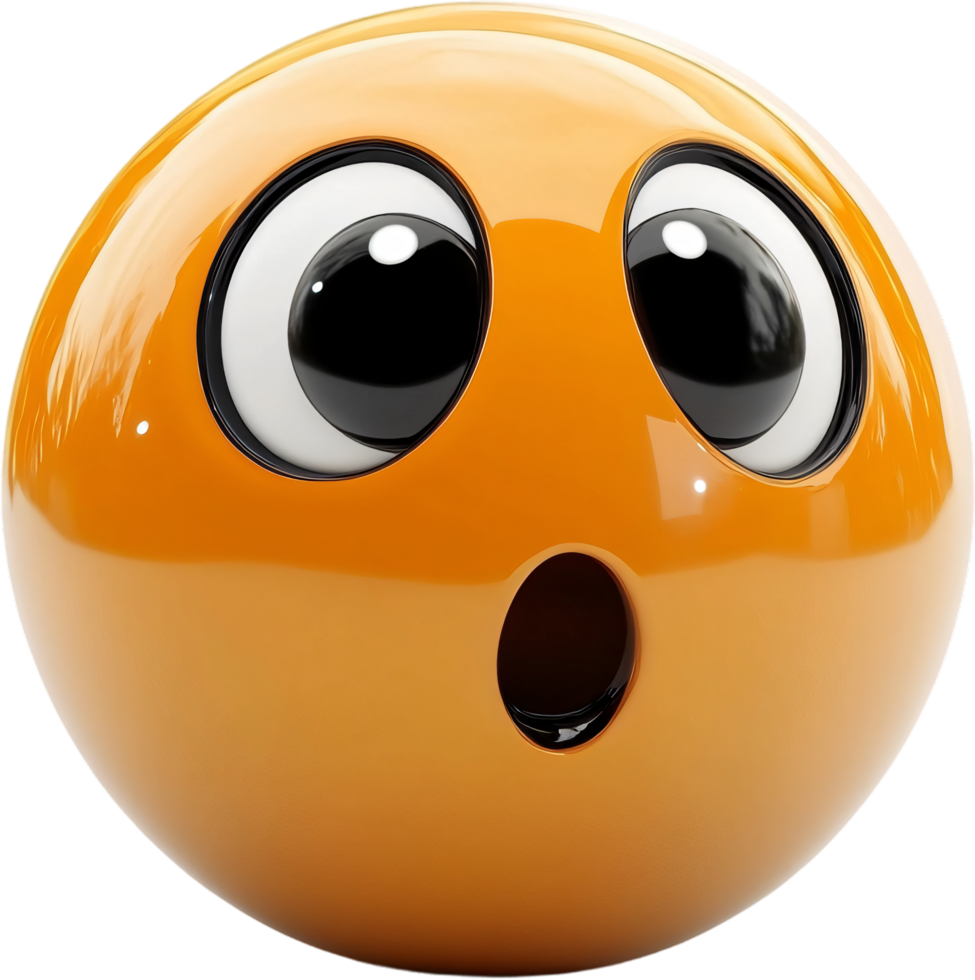A glossy orange sphere shows a surprised emoji face, its cartoonish features expressing wide-eyed wonder and a gaping mouth. png