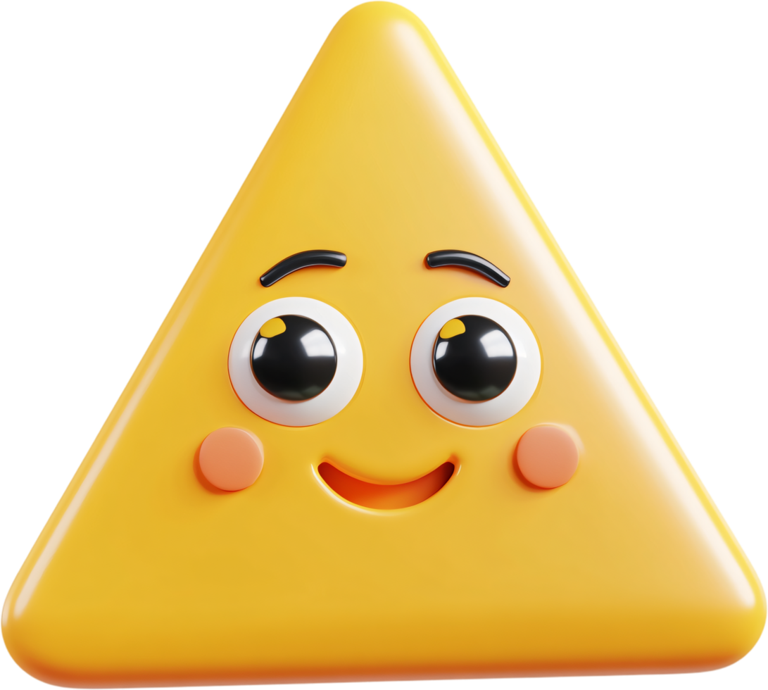 Cheerful Yellow Triangle Character, A vibrant, 3D rendered triangle with a playful expression, set against a stark black background. png