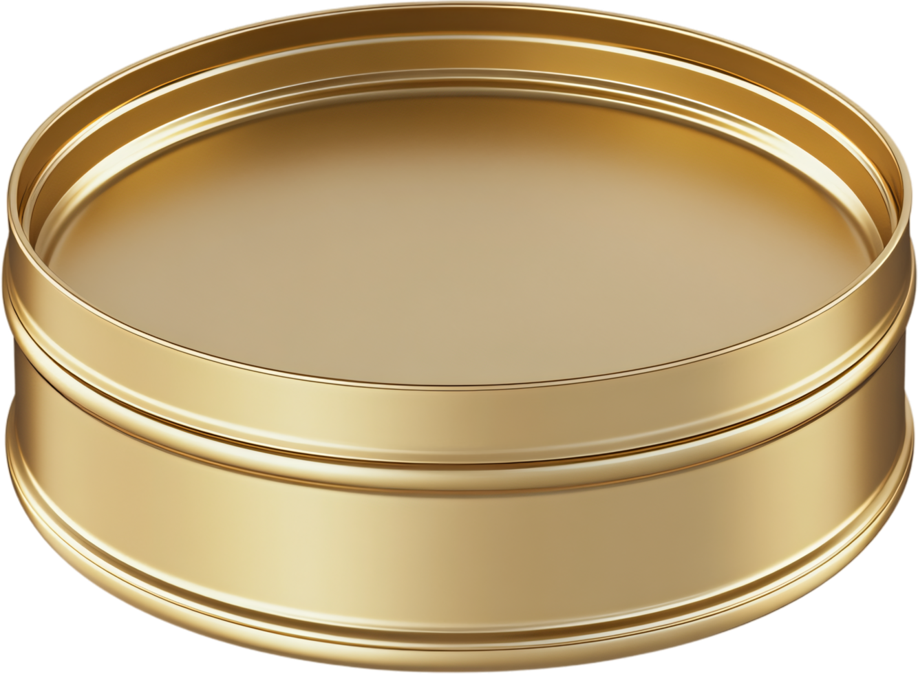 Elegant gold tin container. Perfect for storage, gifting, and packaging. Shiny golden lid, a classic, round design, and durable construction. png