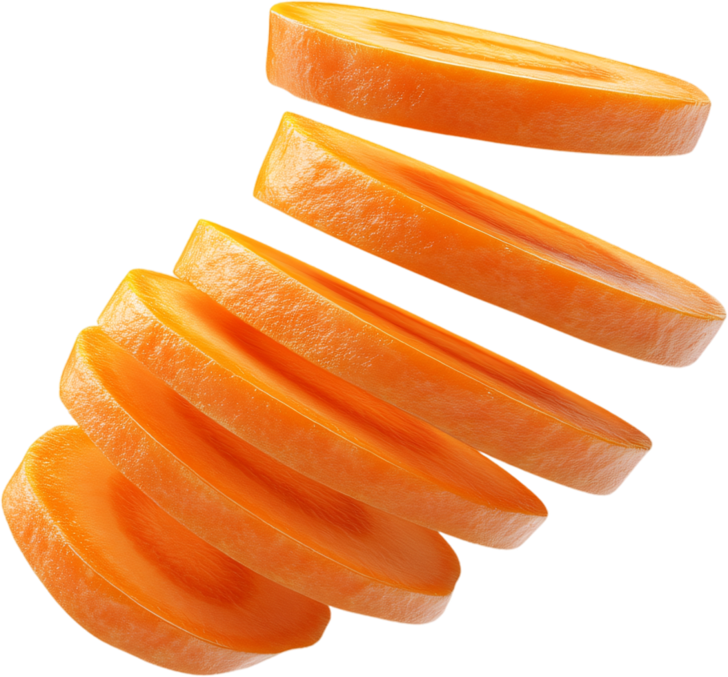 Arrangement of carrot slices creates a vibrant, orange cascade of freshness against a stark black backdrop. Crisp, healthy, and appealing. png