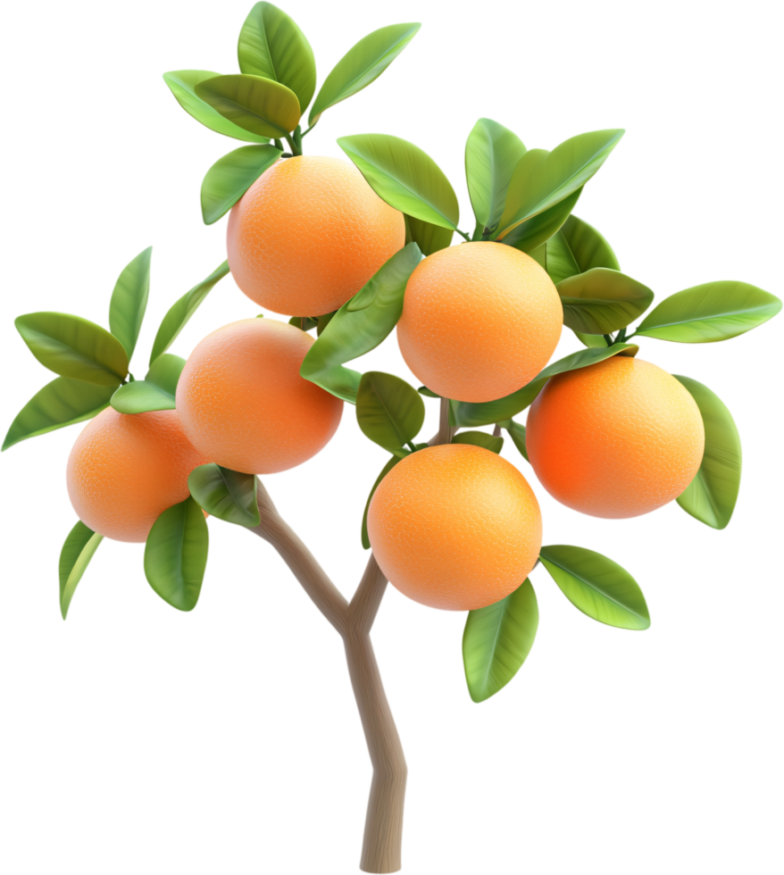 An eye-level view reveals a small tree laden with ripe oranges amidst vibrant green leaves. The tree is set against a black background. png
