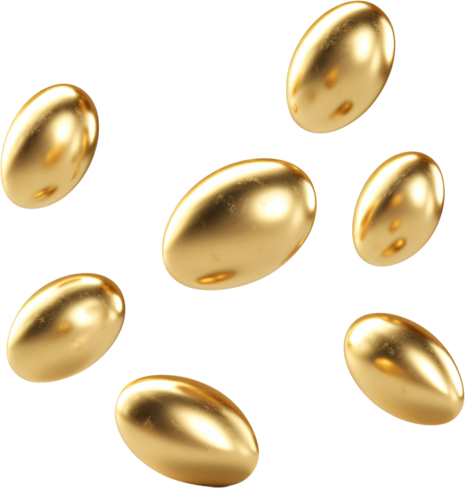 Golden nuggets floating against a black background. The metallic sheen and rounded shapes give a luxurious, precious feel. png