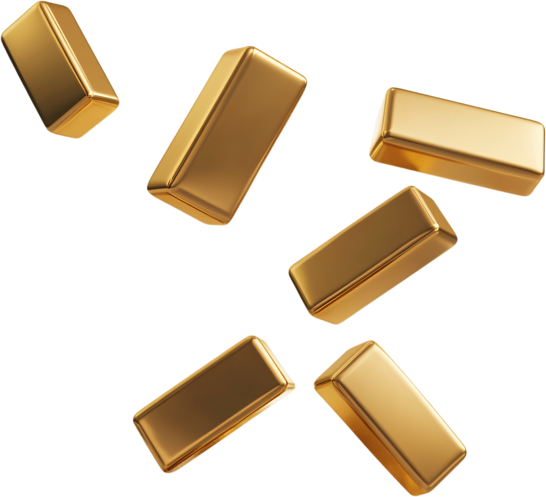 A mesmerizing view of solid gold bars scattered and floating in a captivating manner, promising wealth and prosperity. png