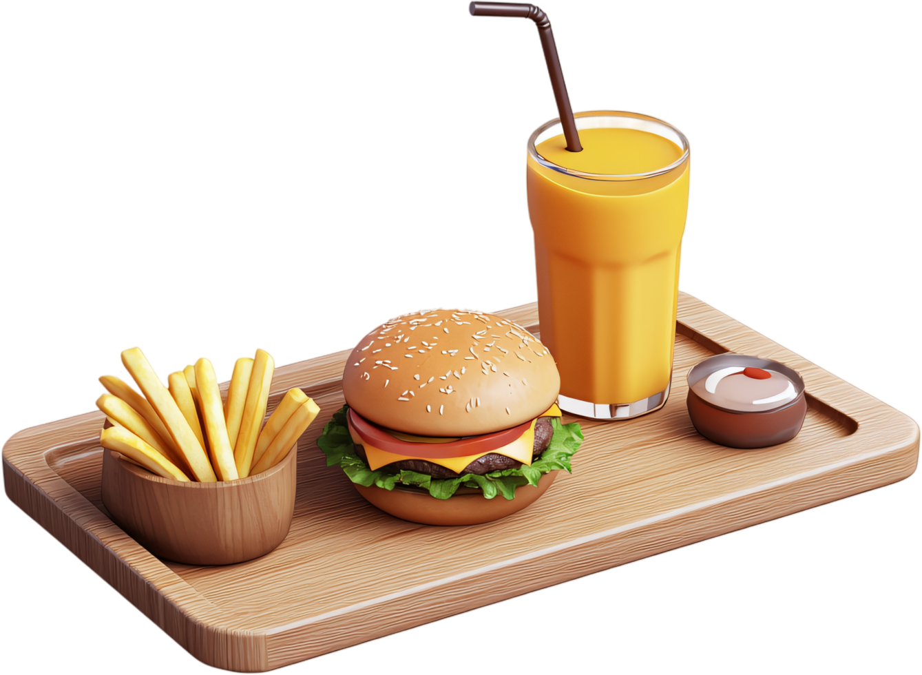 A delicious burger, fries, orange juice, and sauce presented on a wooden board, a perfect meal ready to be savored. png