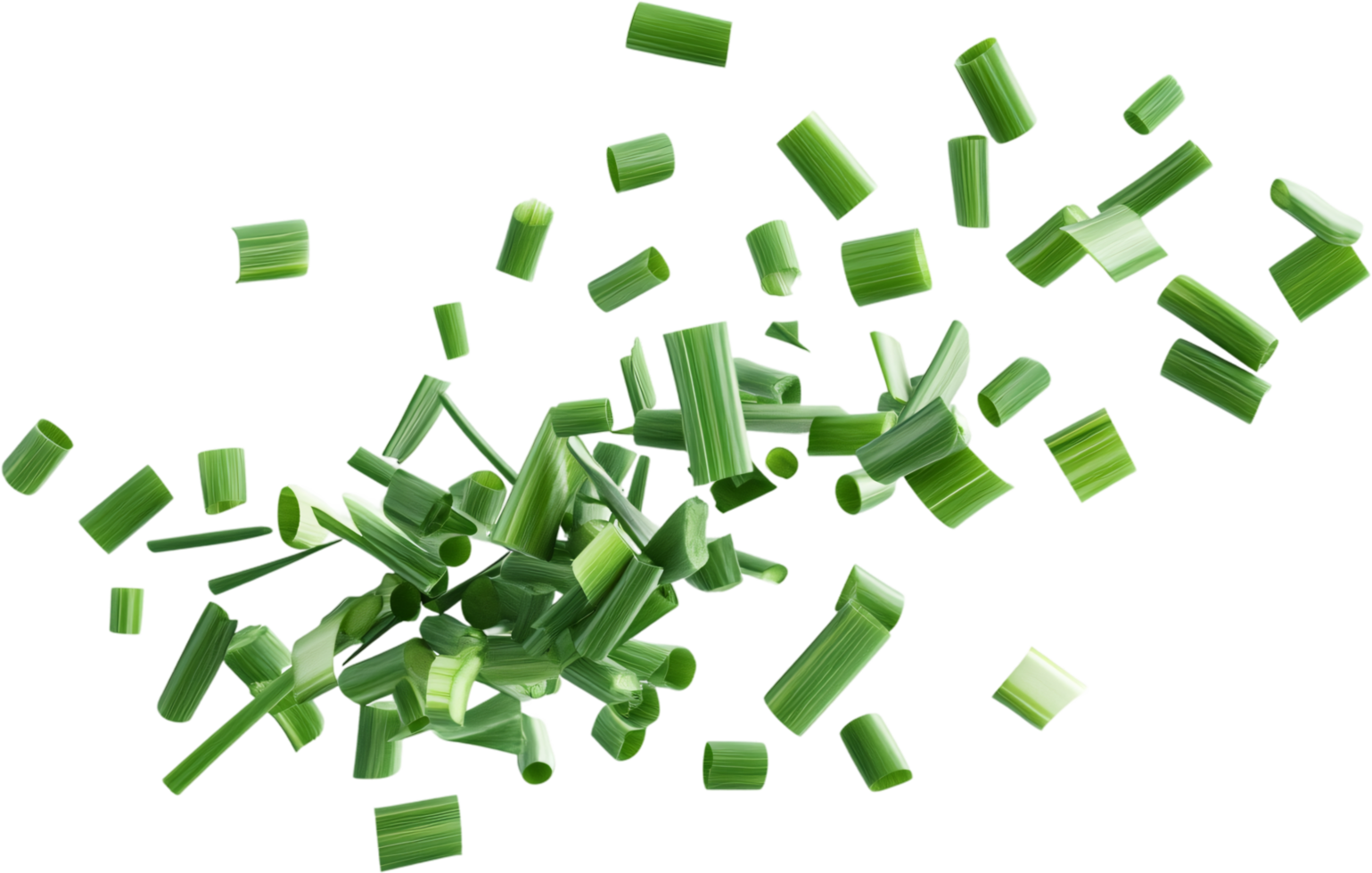 Scattered chopped chives create a vibrant display of fresh, green color on a clean black background. Culinary herbs are ready to be used. png