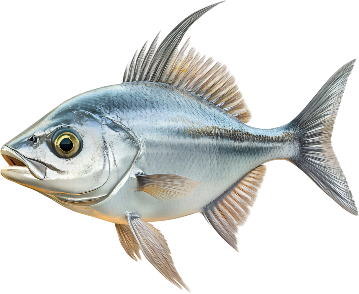 Silver fish with flowing fins, captured in intricate detail. The golden eye adds a striking focal point, set against a dark background. png