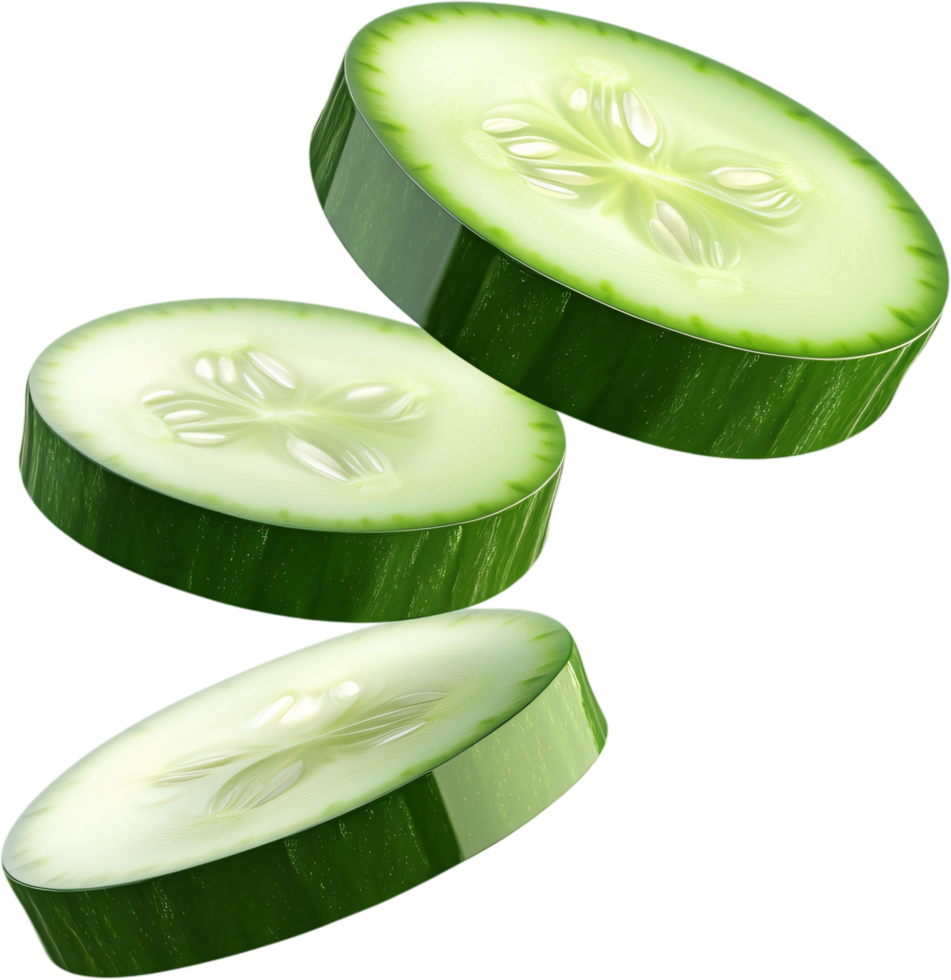 Floating cucumber slices showcase freshness and vibrant green hues against a stark black backdrop, highlighting the vegetable's juicy texture. png