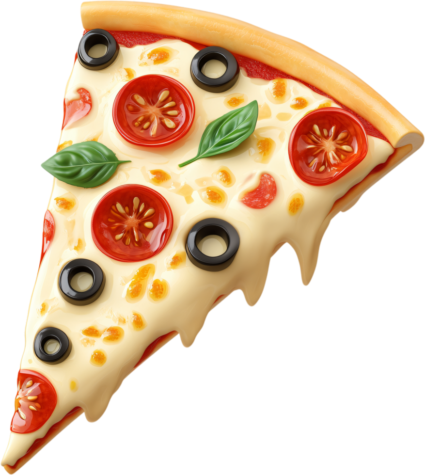 A vibrant and appetizing slice of pizza, topped with tomatoes, olives, and basil, featuring a gooey cheese pull. png
